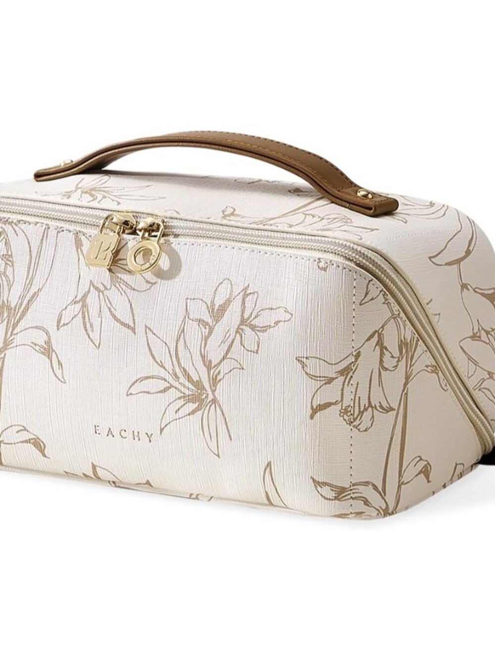 Travel Makeup Bag, Floral Cosmetic Bag for Women, Beige, Medium